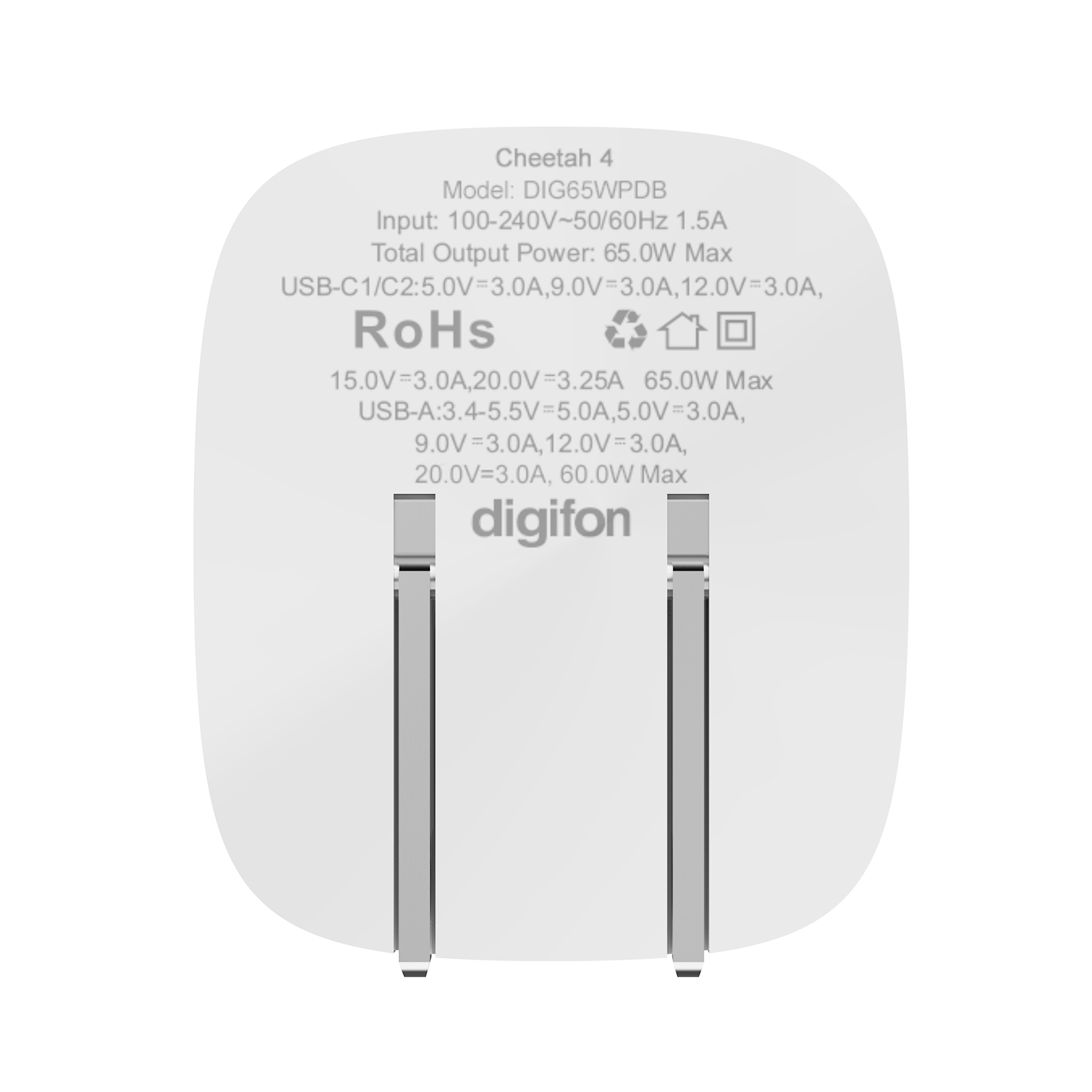 digifon Cheetah4 Superfast 65W Charger with Dual USB-C & Single USB-A Port- White