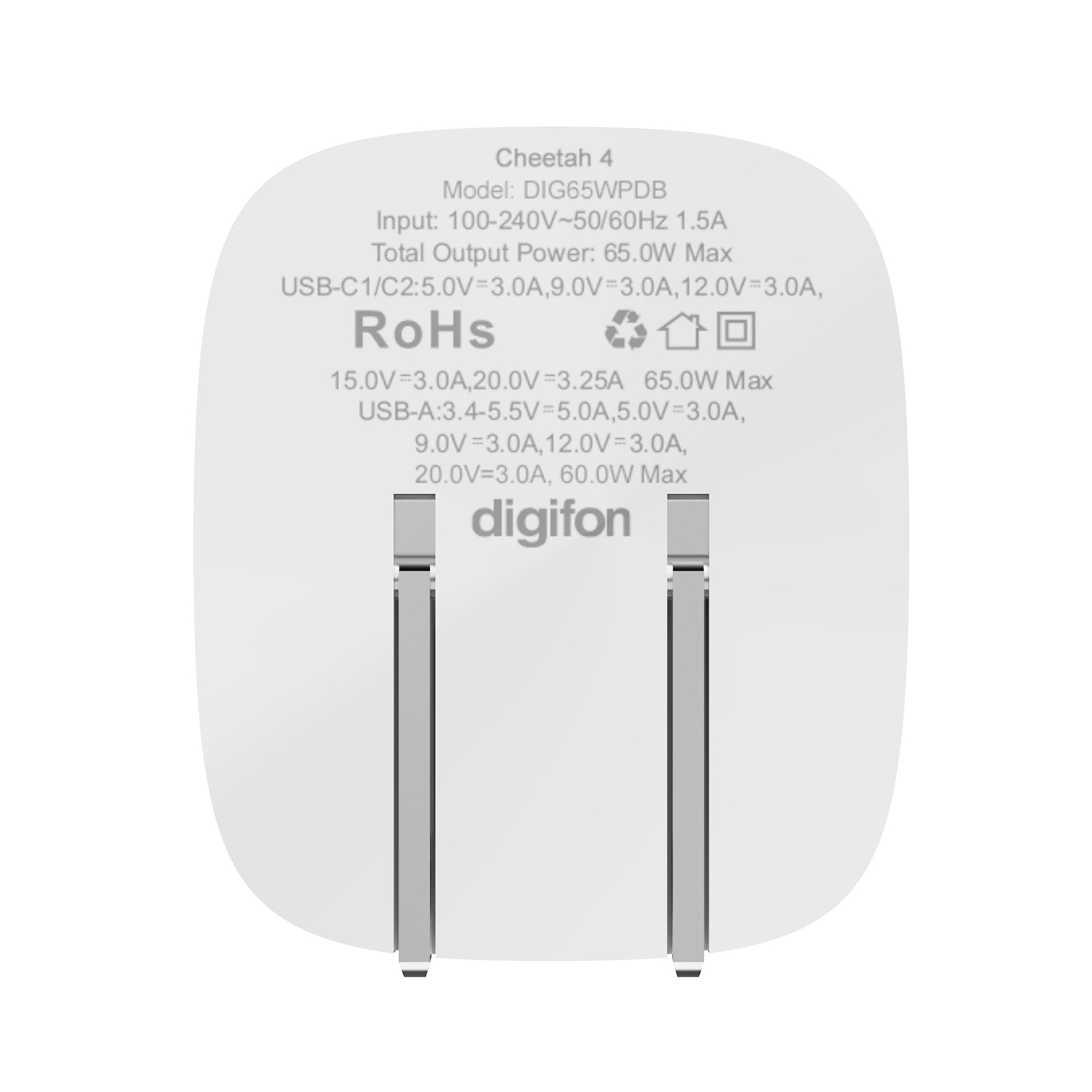 digifon Cheetah4 Superfast 65W Charger with Dual USB-C & Single USB-A Port- White