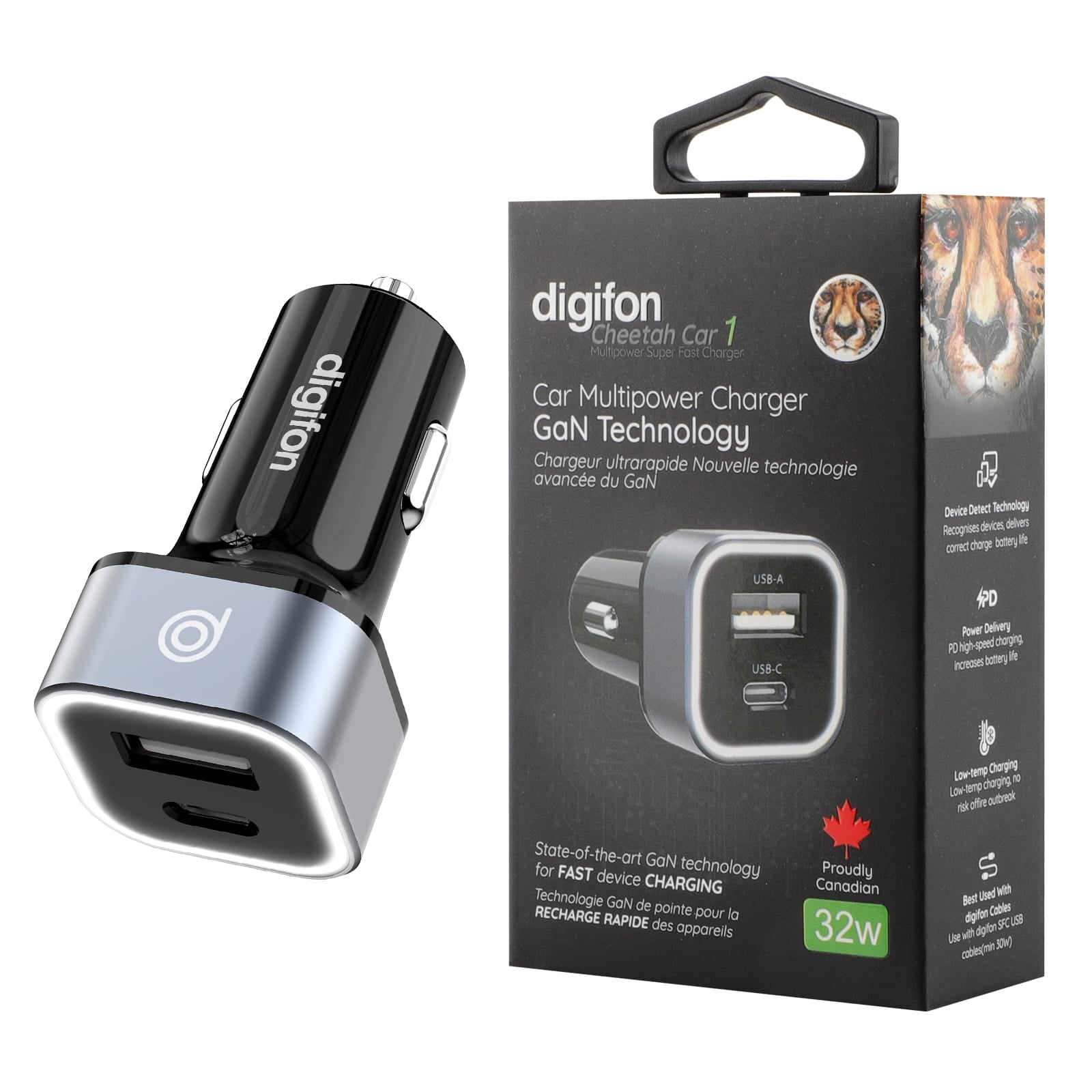 digifon Cheetah Car1 Superfast 32W Car Outlet Charger with USB-C & USB-A Ports